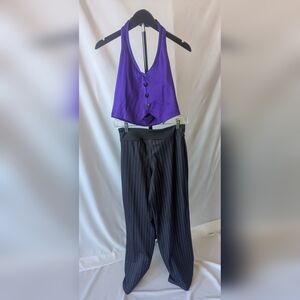 Purple Sleeveless Crop Top and Black Pinstripe Pants Set
